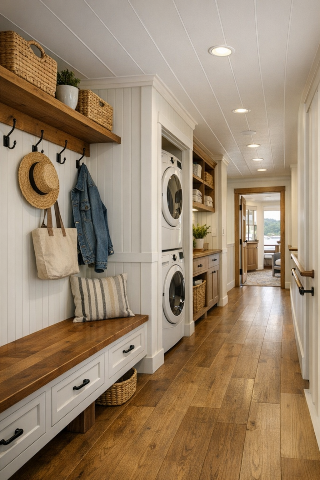 Built-in entry and transitional area with farmhouse storage details