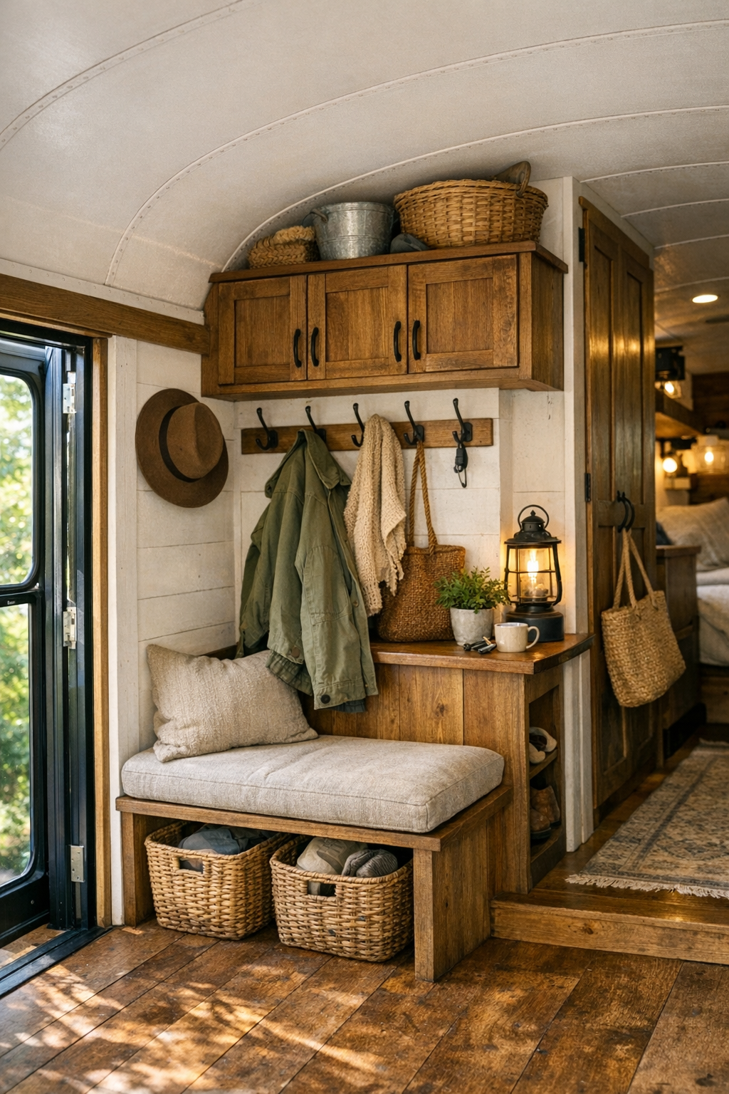 Built-in entry and hallway area in the converted bus with storage, hooks, and rustic details