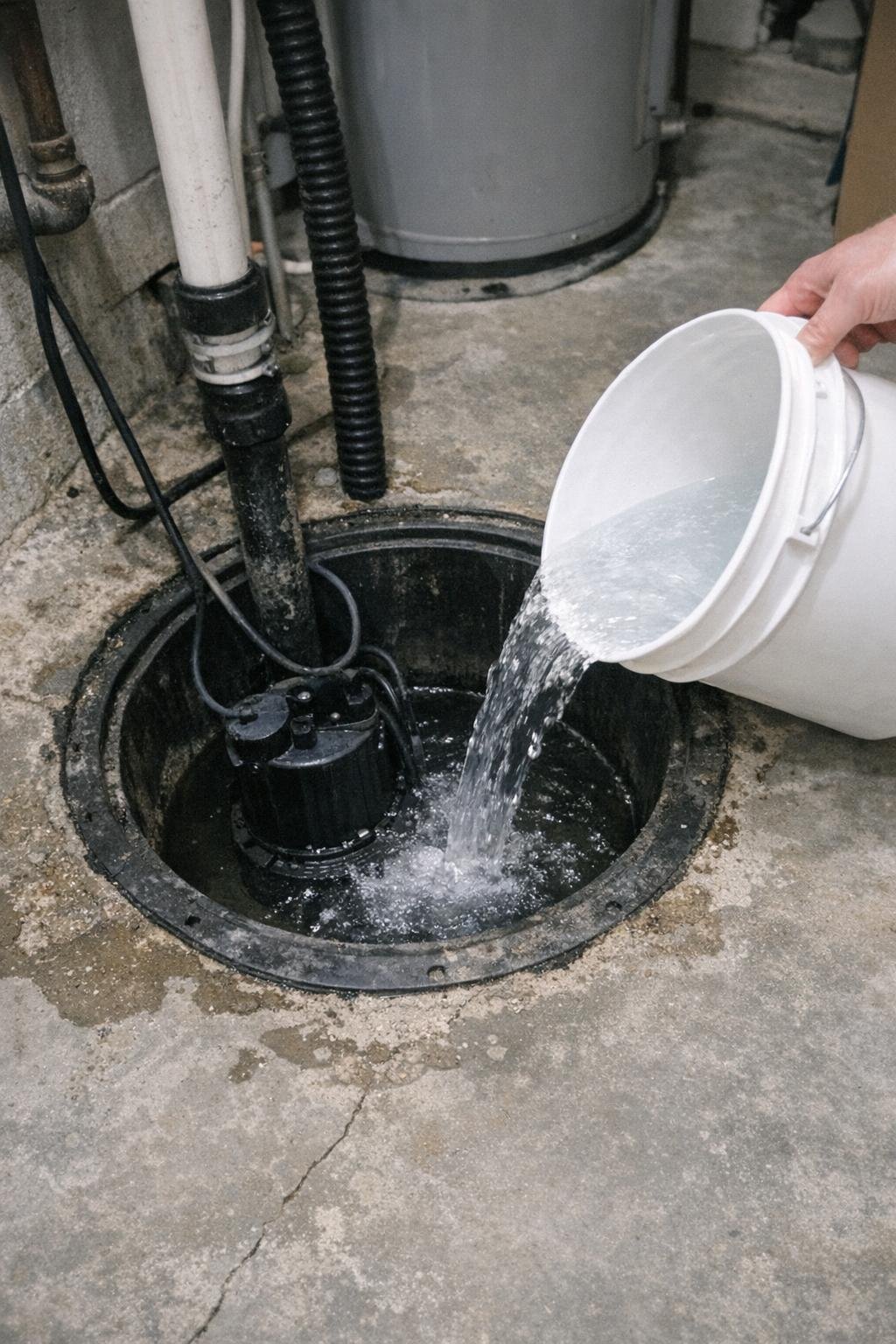 Sump pump pit being tested with a bucket of water