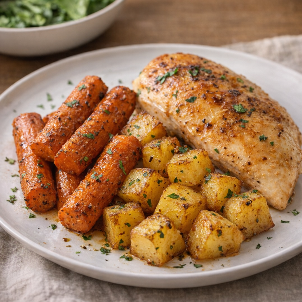 Dinner plate with roasted carrots and potatoes beside a simple protein