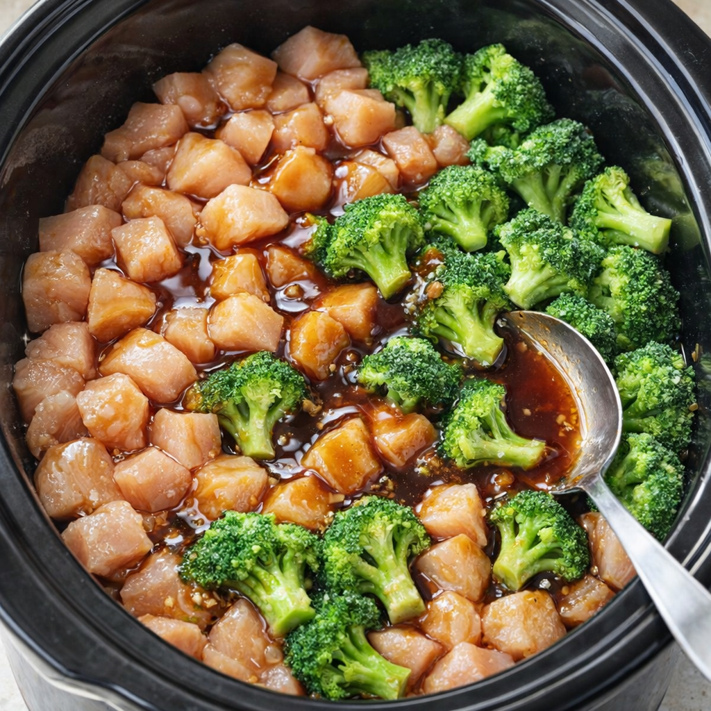 Slow cooker filled with chicken, broccoli, and teriyaki sauce before cooking