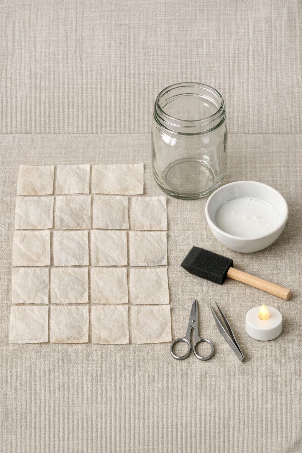 Used tea bags, glass jar, glue, foam brush, and battery tea light laid out for the project