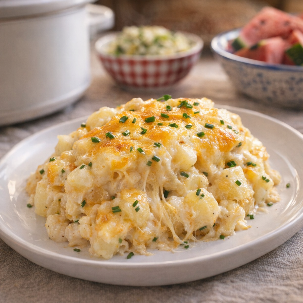 Served scoop of creamy cheesy ranch potatoes on a plate