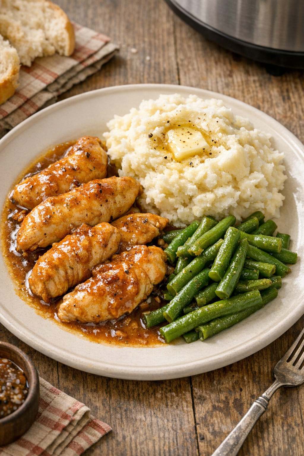 Finished slow cooker chicken plated with sauce