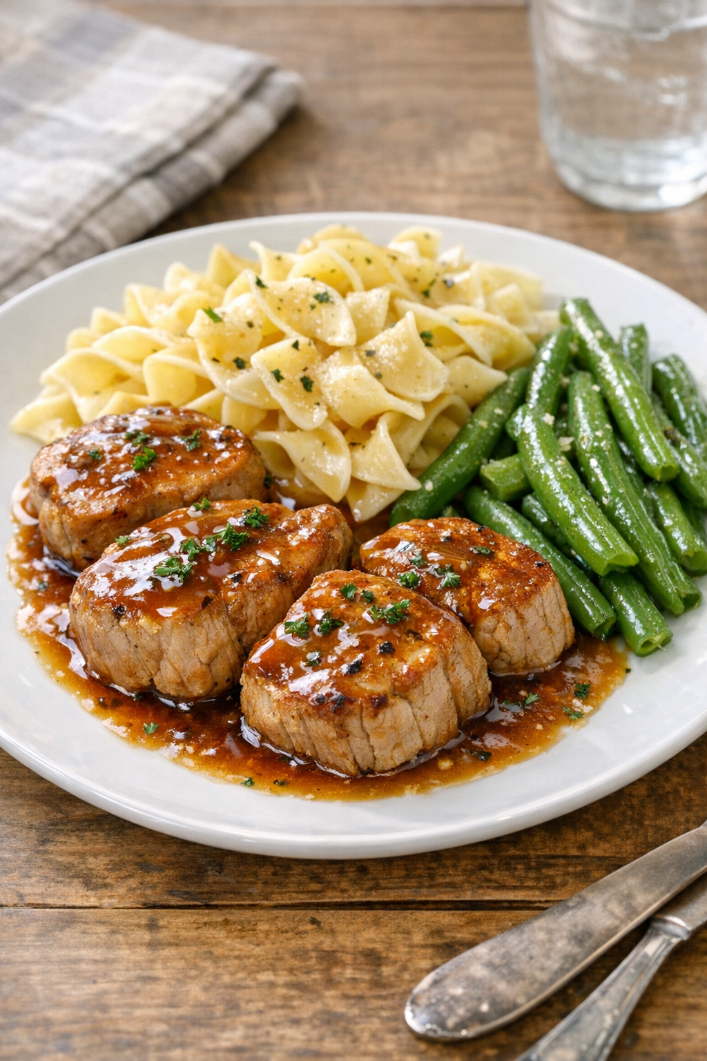 Plated slow cooker pork medallions with noodles and green beans