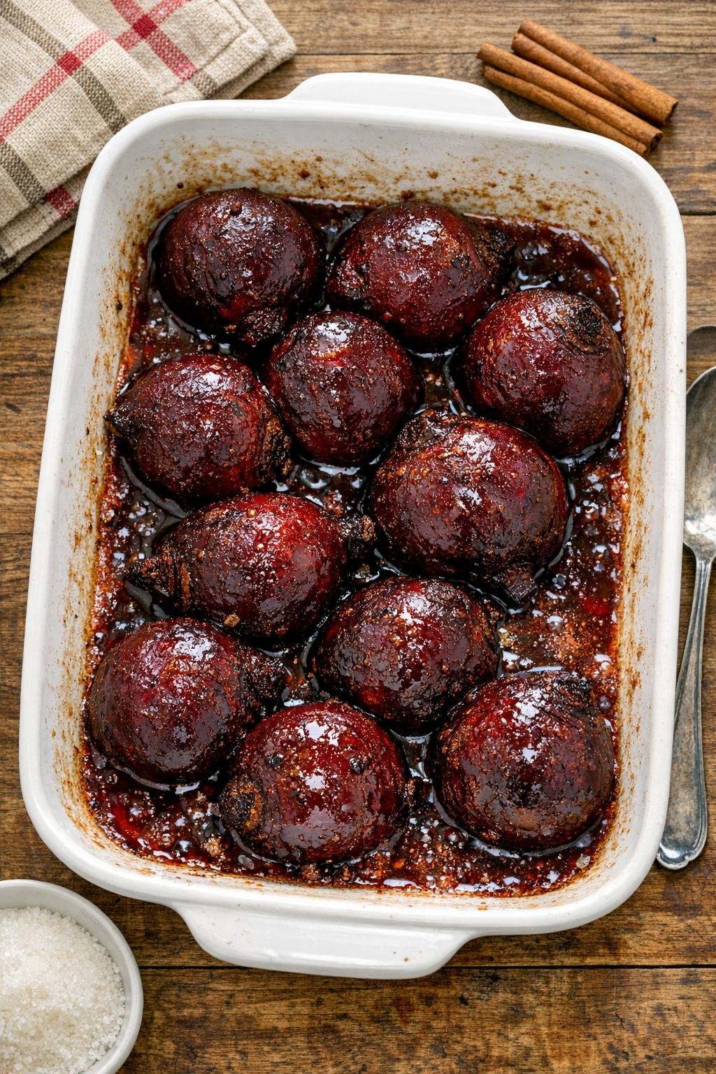 Finished baked beet dessert in a casserole dish