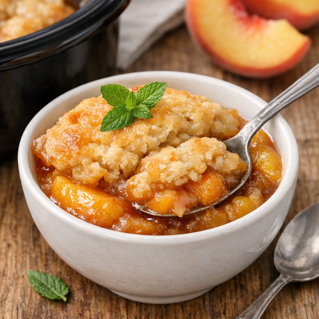 Finished peach pudding in a serving bowl