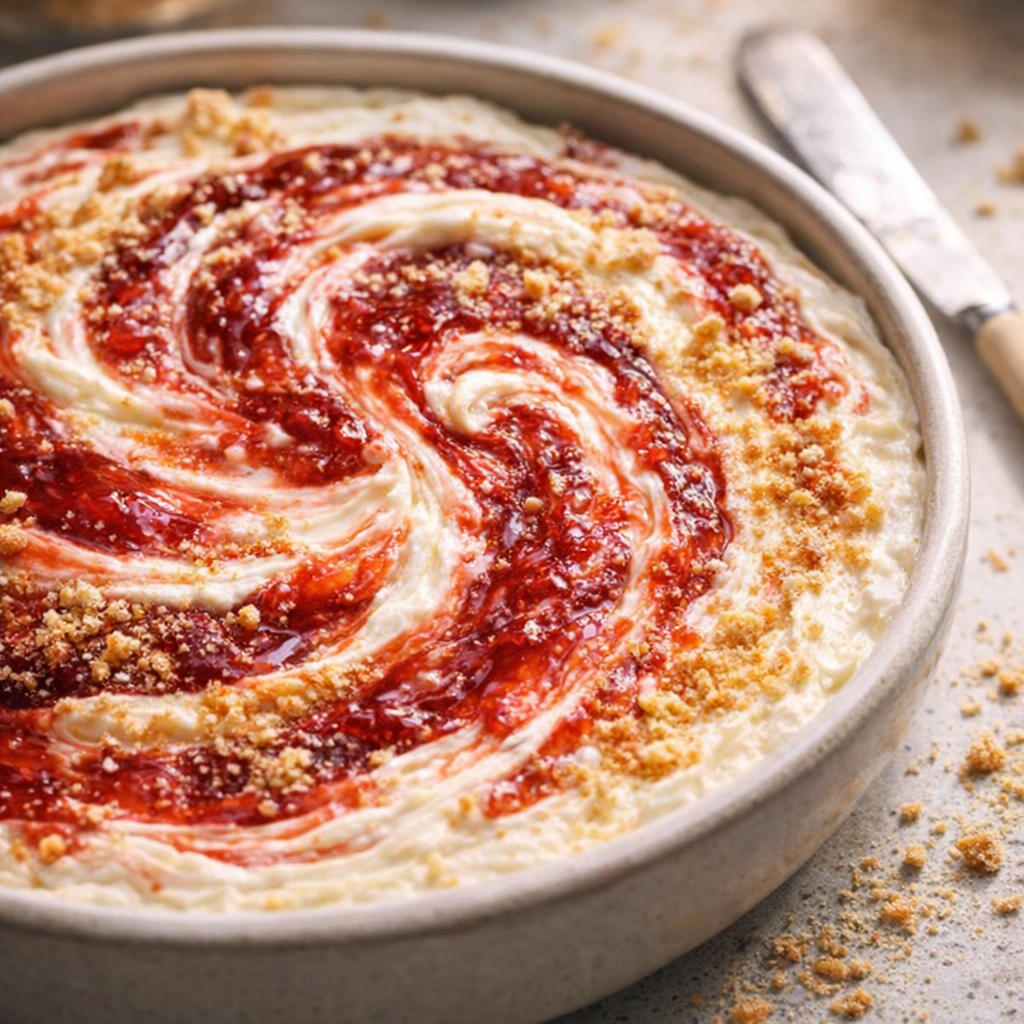Cheesecake dip with berry jam swirls in a serving dish