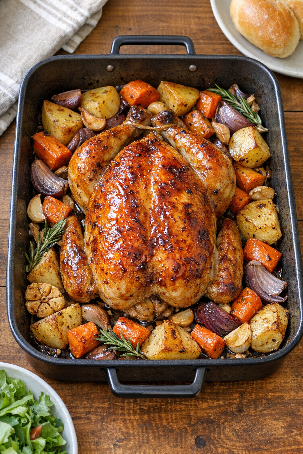 Finished roasted whole chicken in roasting pan