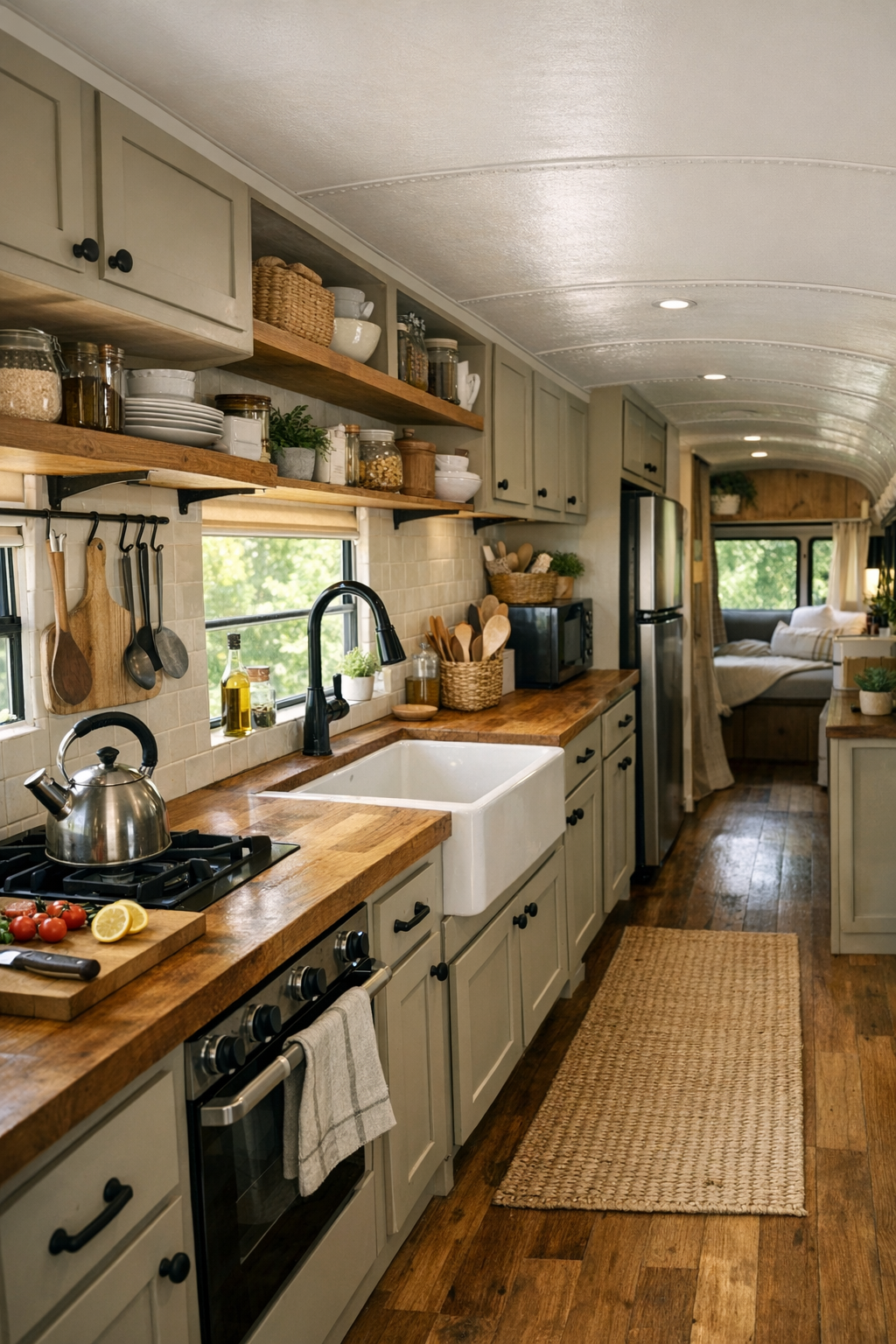 Streamlined bus kitchen with putty cabinets, butcher block counters, and creamy tile backsplash