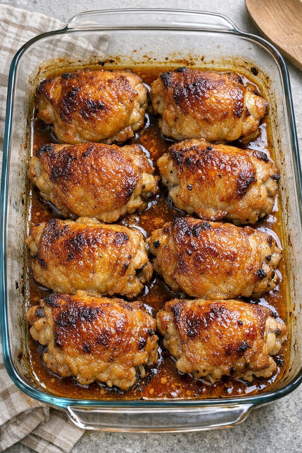 Finished baked chicken thighs in a glass casserole dish