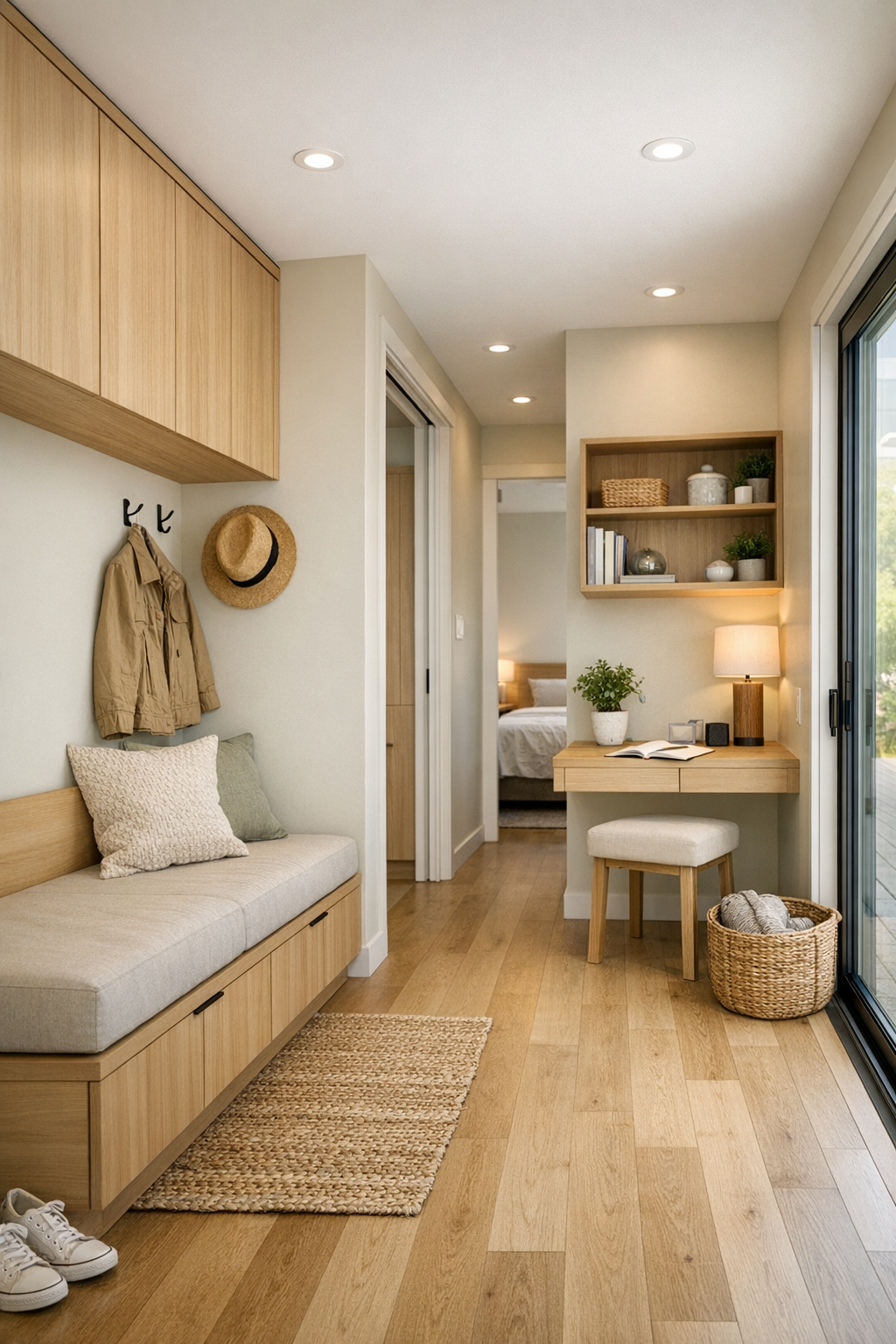 Integrated entry and flex area with built-in storage in a modern container home