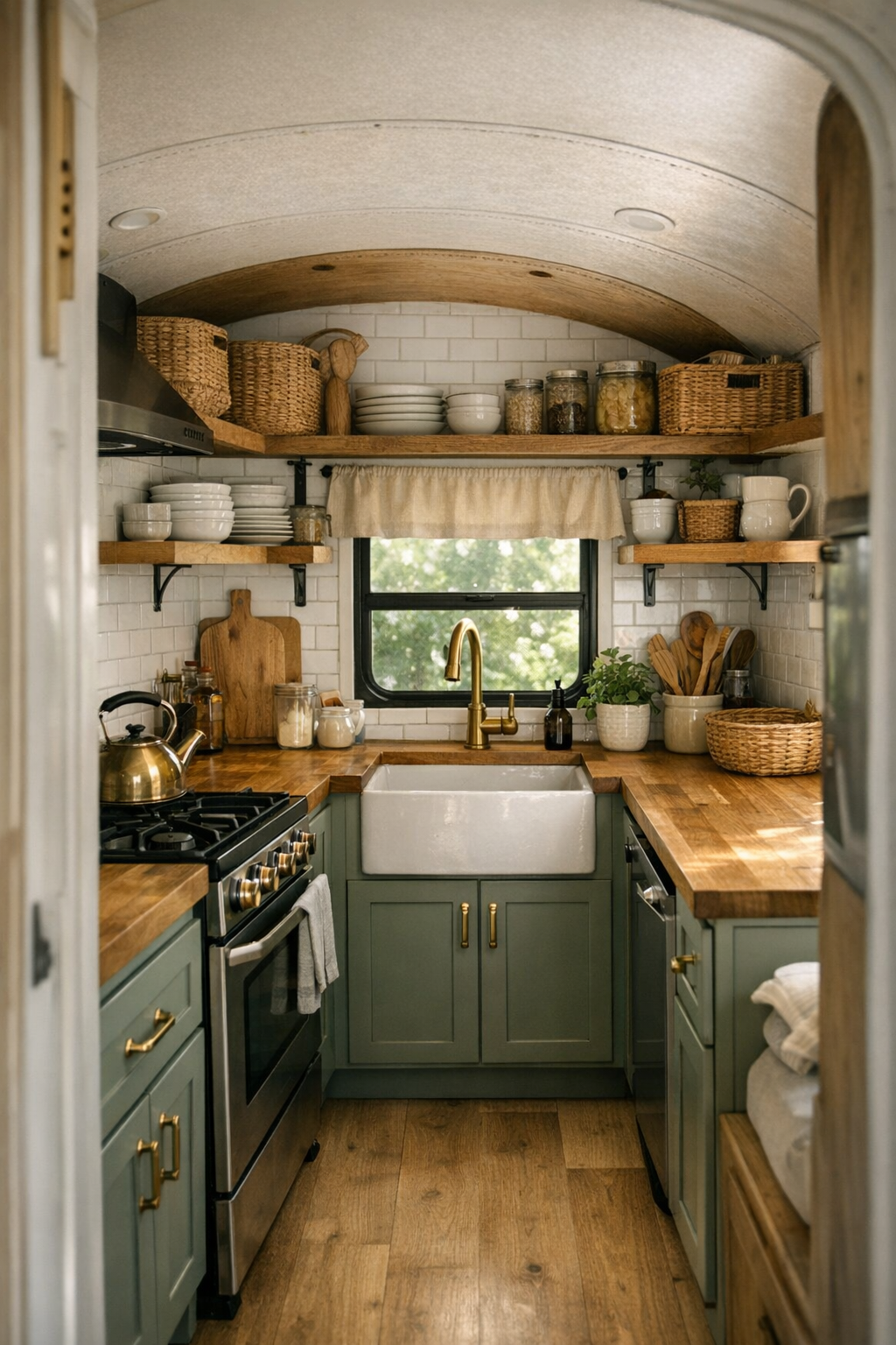 Compact off-grid bus kitchen with sage cabinetry, butcher-block counters, and open shelving
