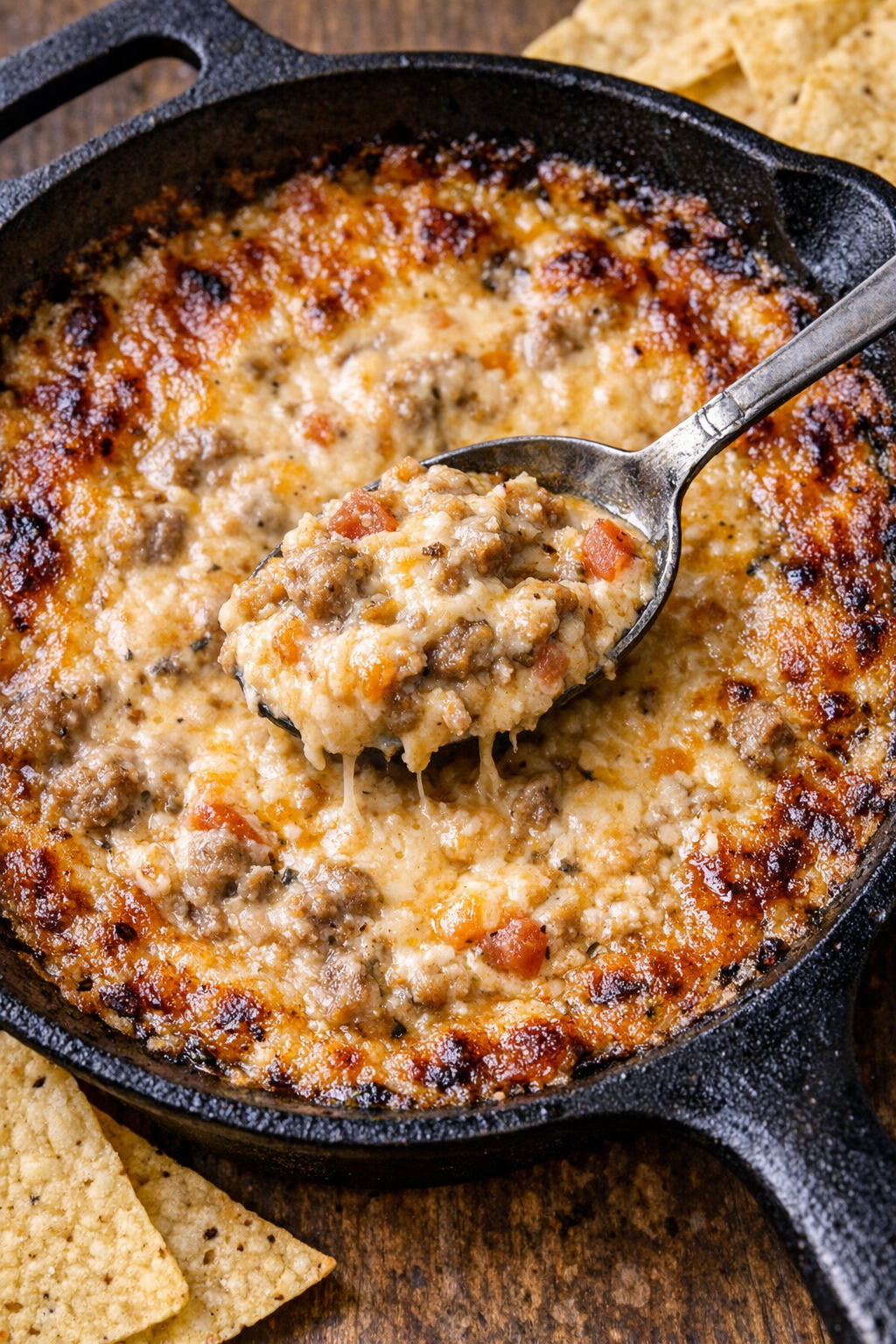 Southern sausage Calhoun dip bubbling in a cast iron skillet