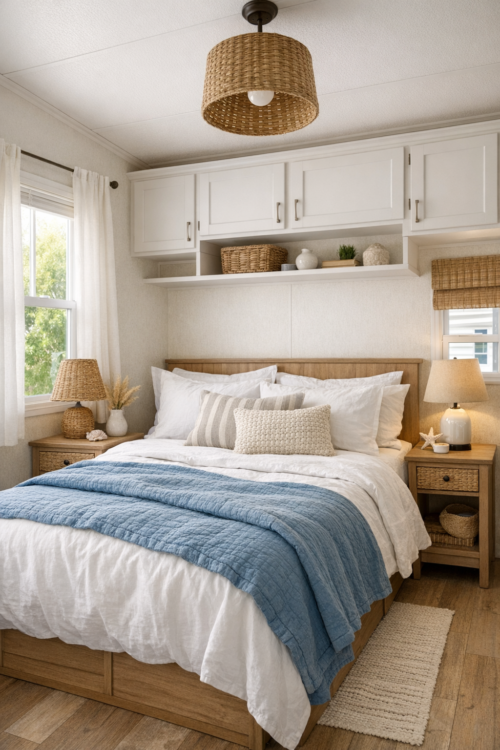 Serene coastal bedroom with white bedding, blue quilt, and light wood accents