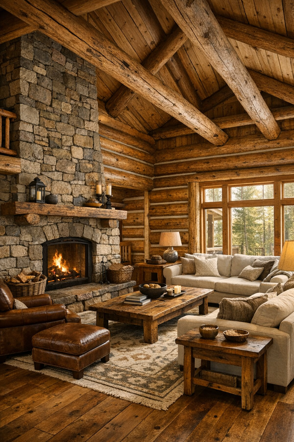 Living room with tamarack log walls, stone fireplace, and vaulted wood ceiling