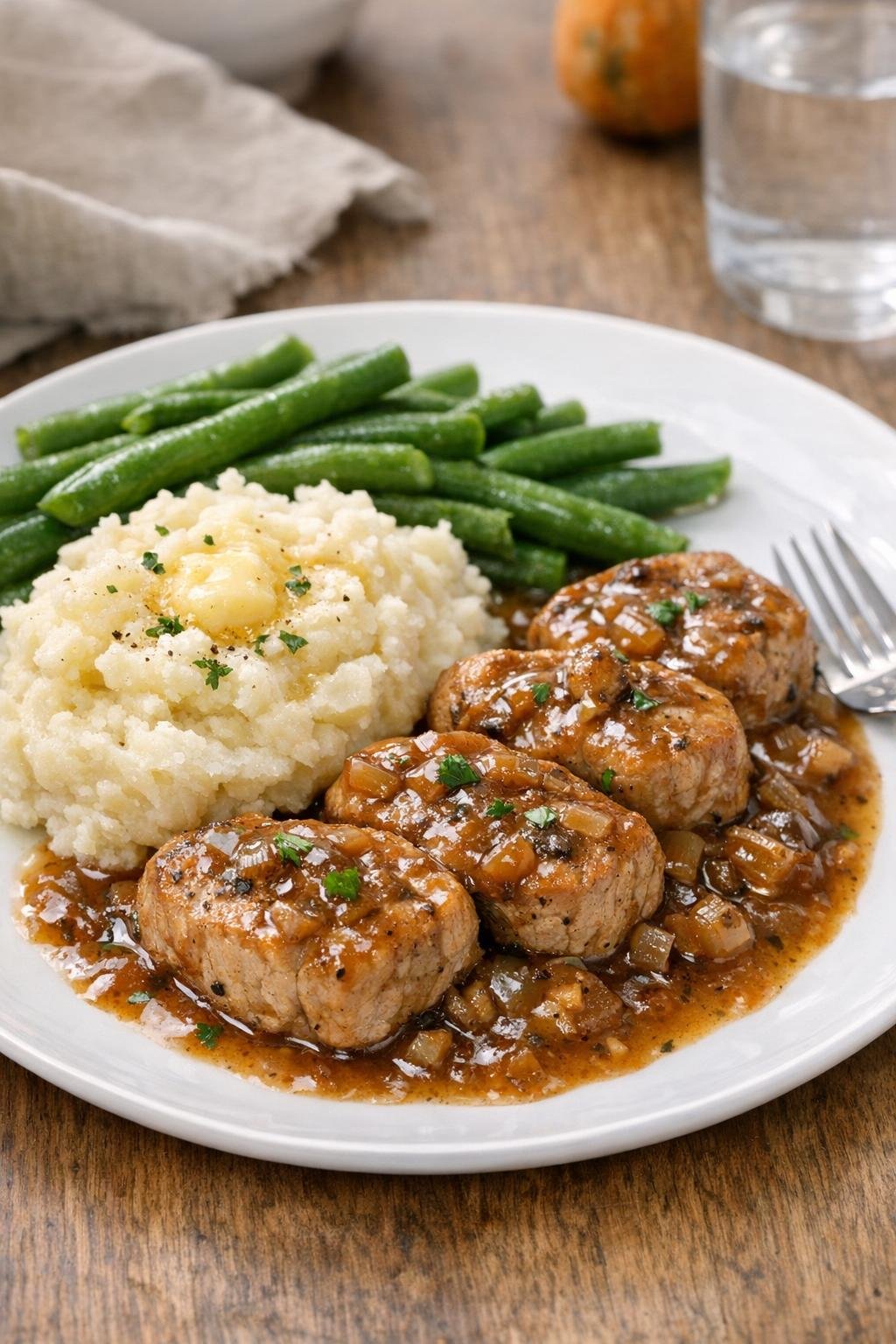 Finished slow cooker pork tenderloin medallions plated with sauce