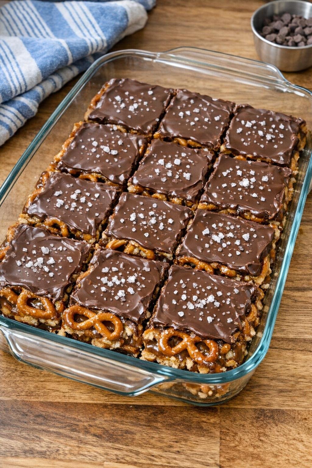 Finished caramel pretzel crunch bars in a glass baking dish