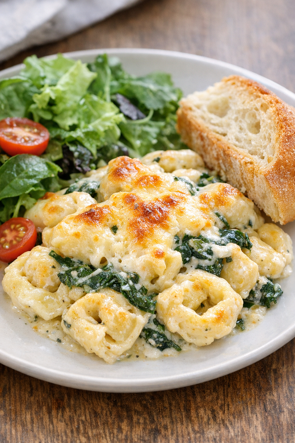 Kreminiai špinatų tortellini lėkštėje, patiekiami su salotomis ir duona