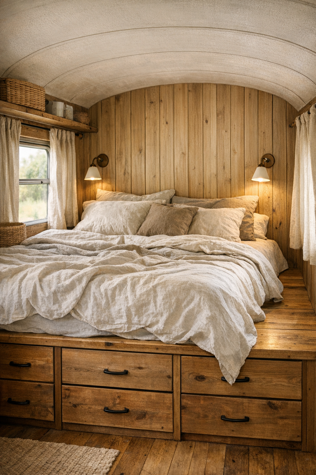 Cozy bus bedroom with raised platform bed, linen bedding, and soft rustic details