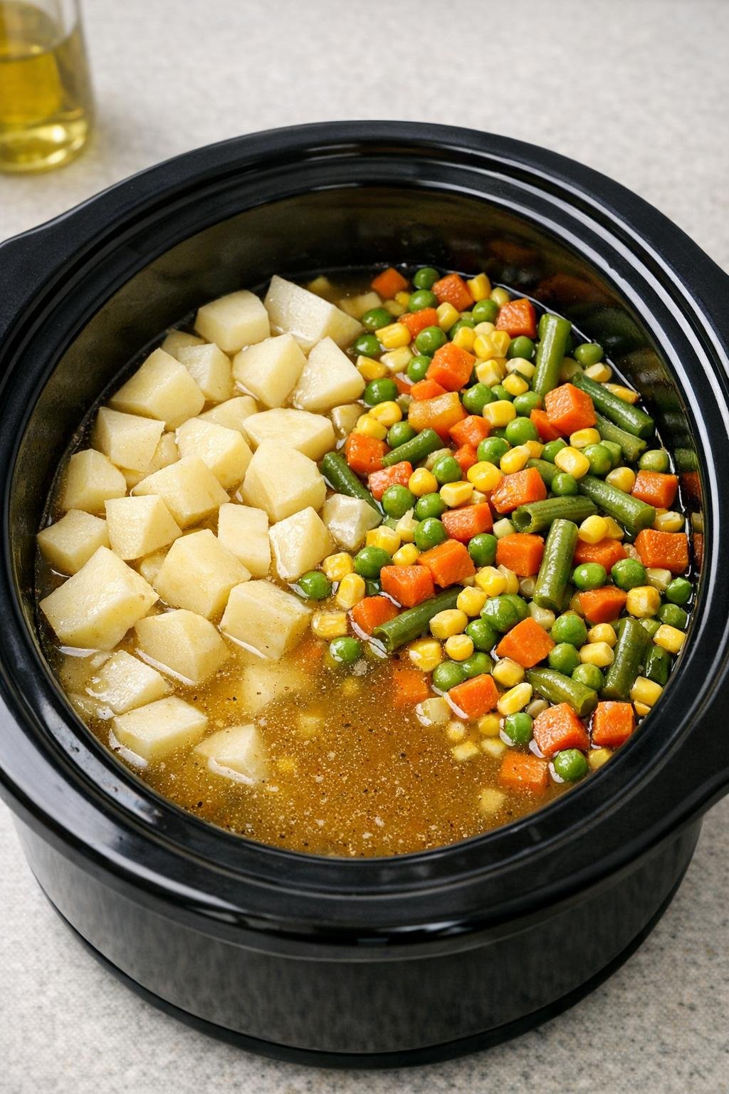 Aardappelen en groenten uit blik zijn zojuist aan de slowcooker toegevoegd.