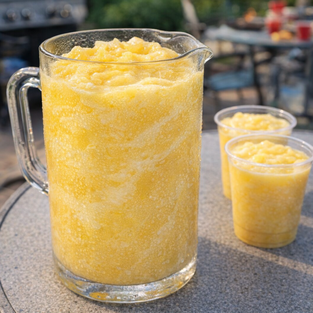 Pitcher of creamy mango slush on a backyard table