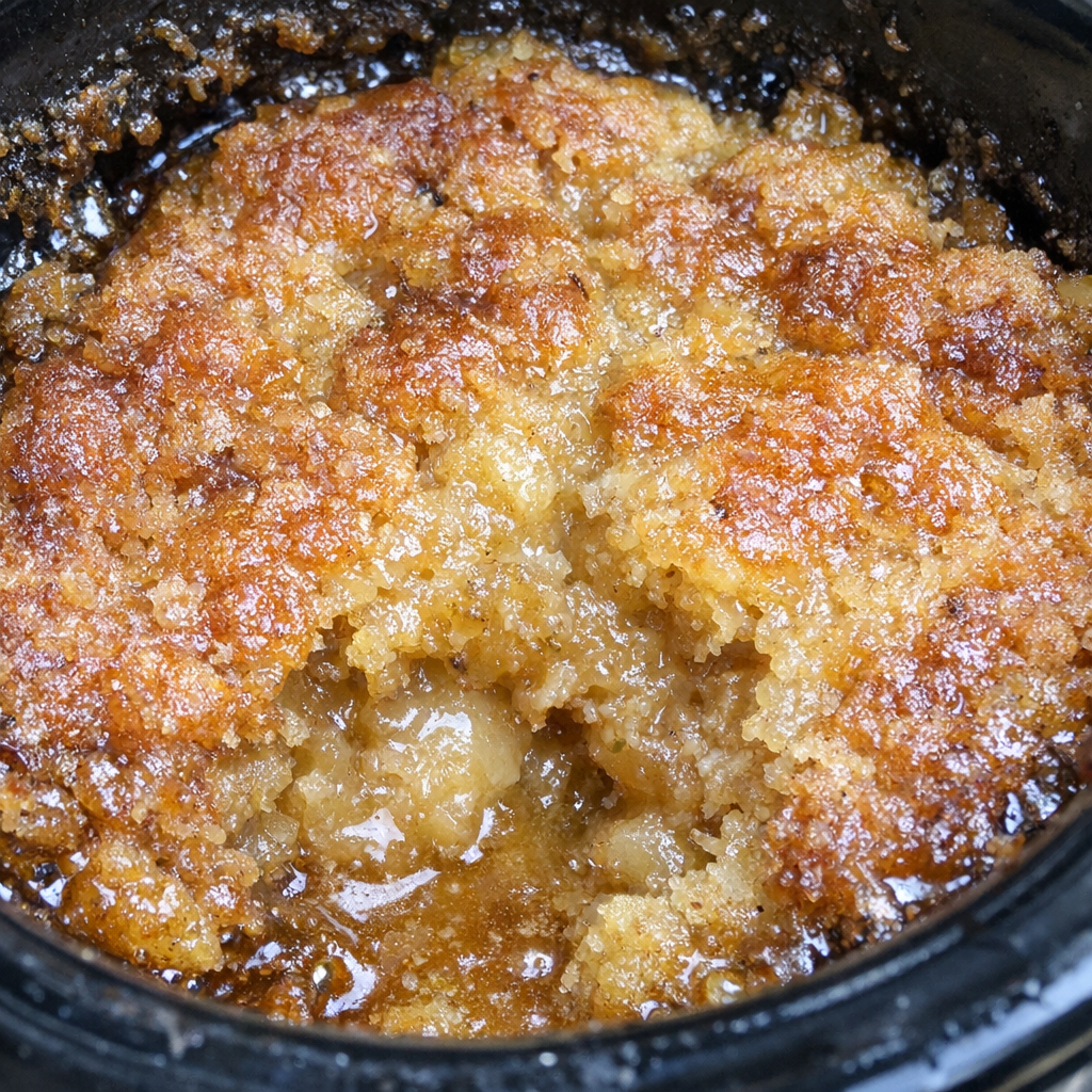 Honey-toned slow cooker dessert with a craggy, bubbling surface