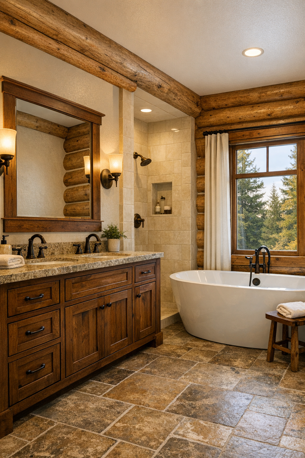 Rustic bathroom with custom wood vanity, stone floor, and soaking tub