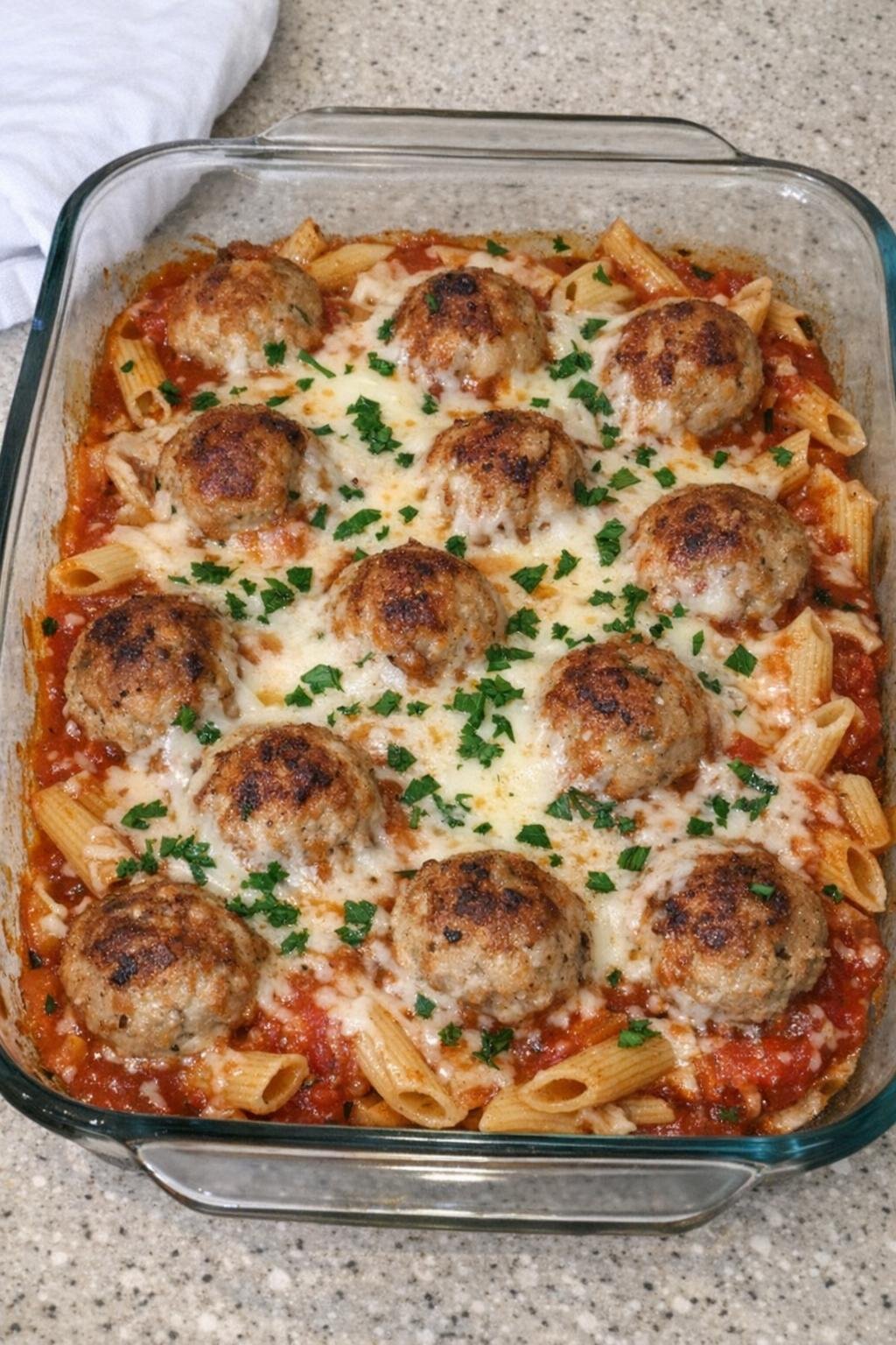 Baked chicken meatball casserole in a glass dish