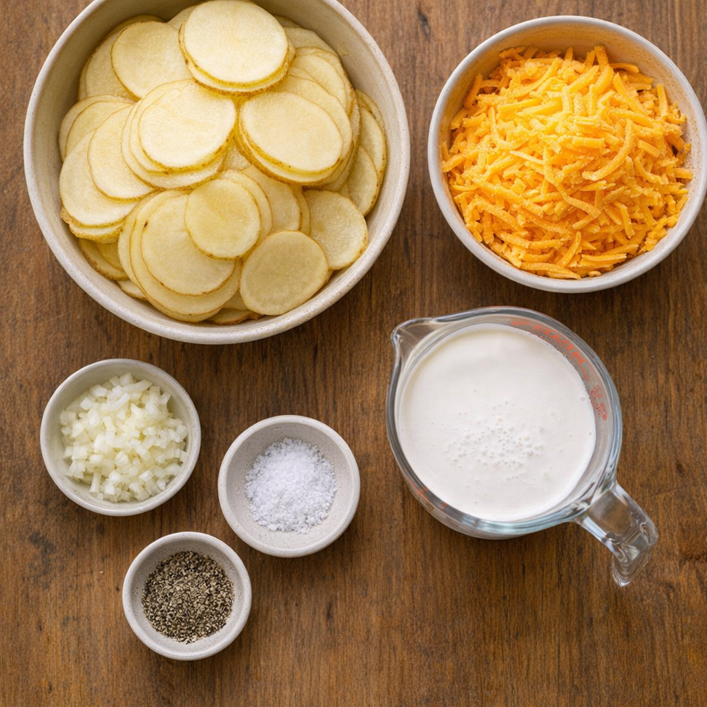 Sliced potatoes, cream, onion, and cheddar arranged for cooking