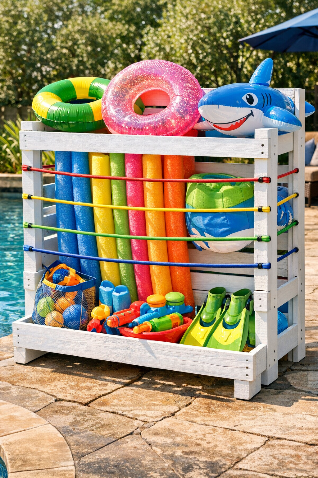 Finished painted pallet pool toy storage rack filled with colorful pool toys
