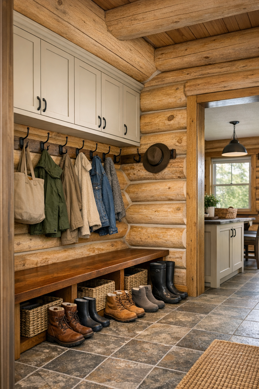 Charming mudroom with built-in bench and practical rustic storage