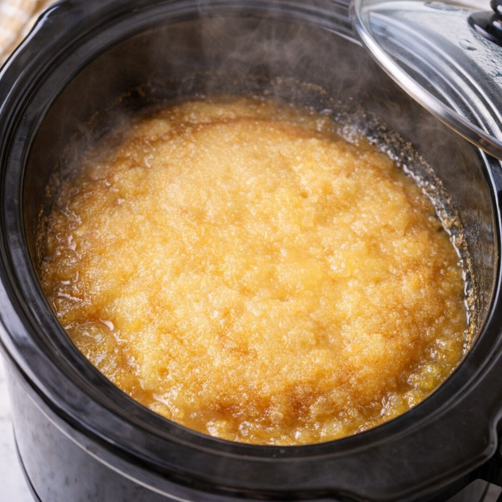Finished pineapple pudding cake inside slow cooker