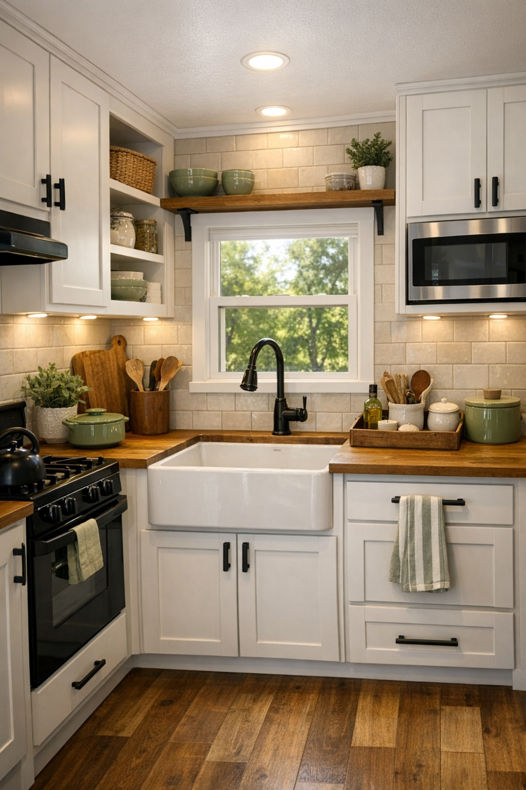 Farmhouse RV kitchen with shaker cabinets, butcher block counters, and a white apron-front sink
