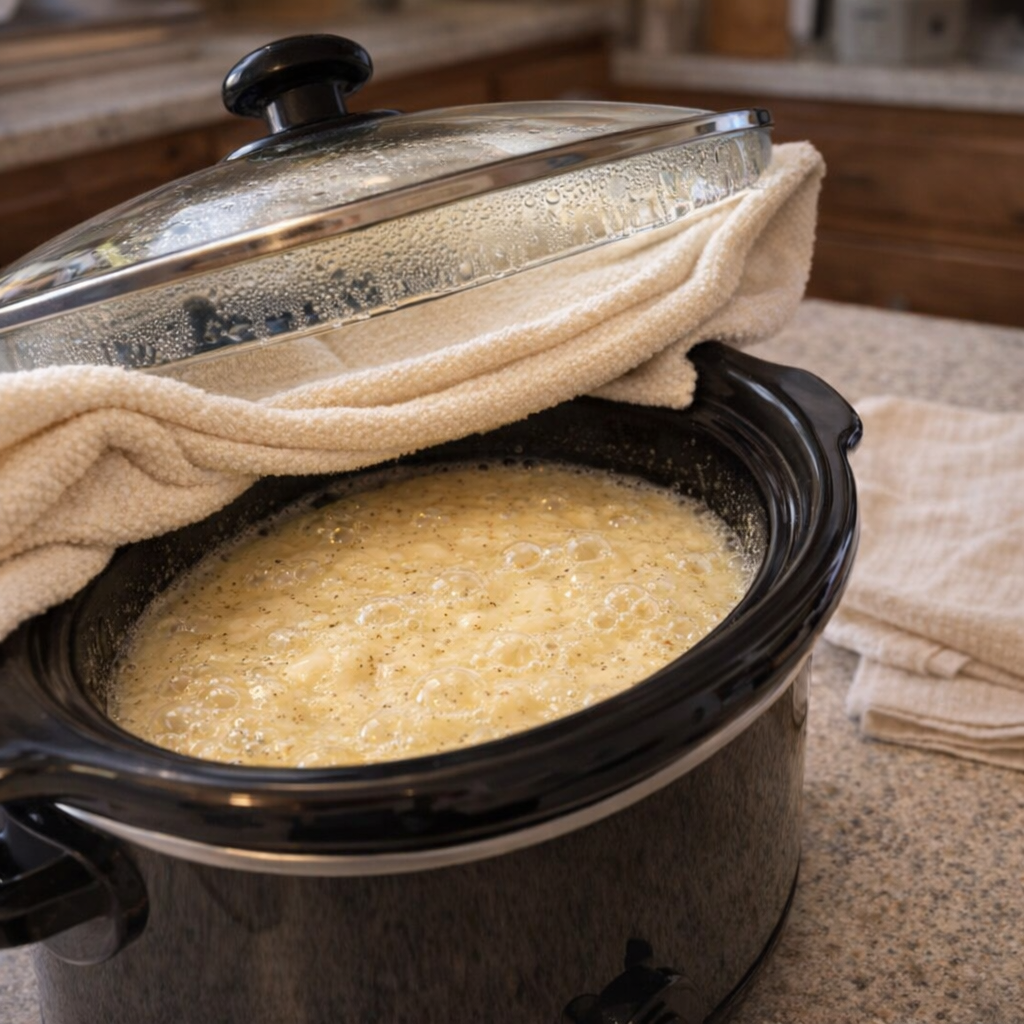 Slow cooker covered with towel under the lid for custard