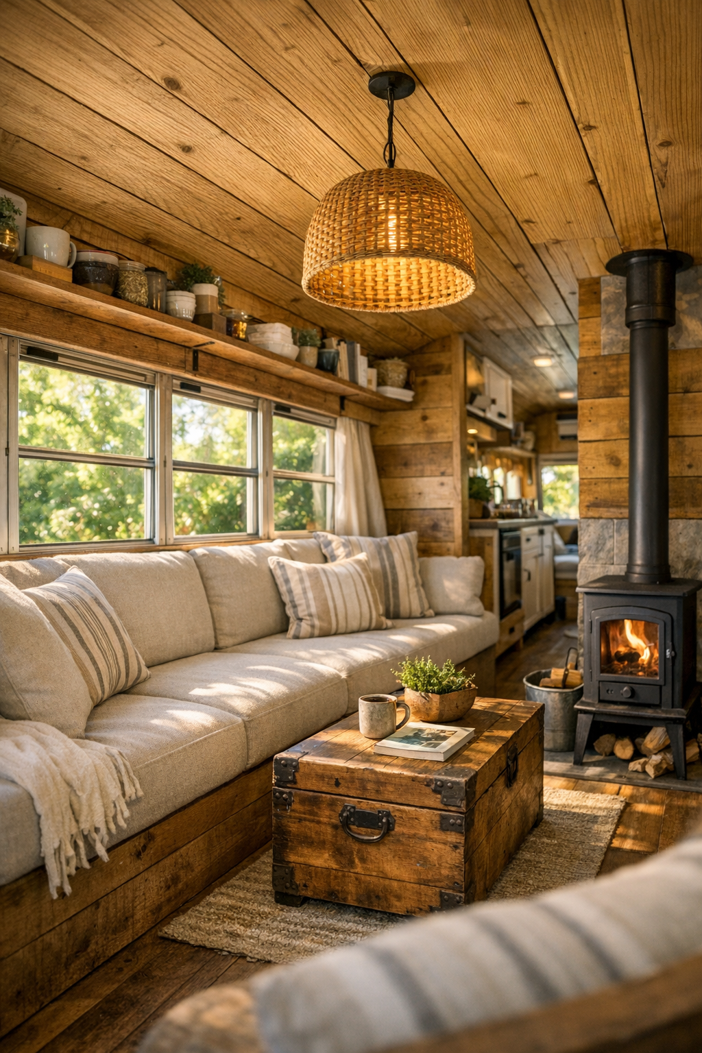 Converted bus living room with built-in bench seating and warm wood finishes