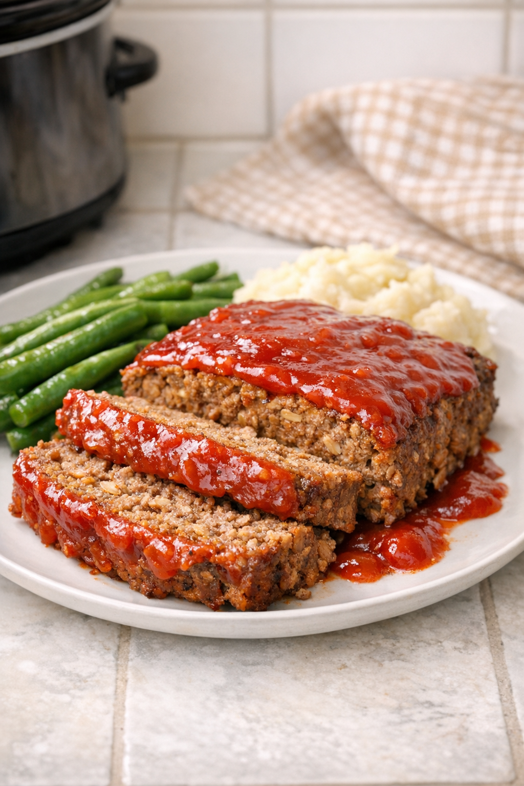 Finished slow cooker meat loaf plated in slices
