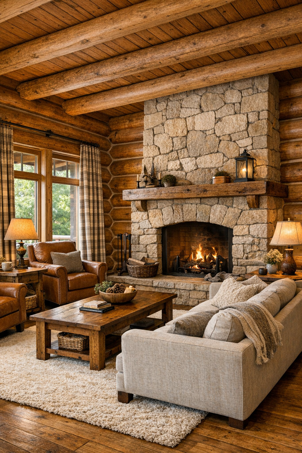 Warm rustic living room with tamarack log walls, exposed beams, stone fireplace, and soft neutral seating