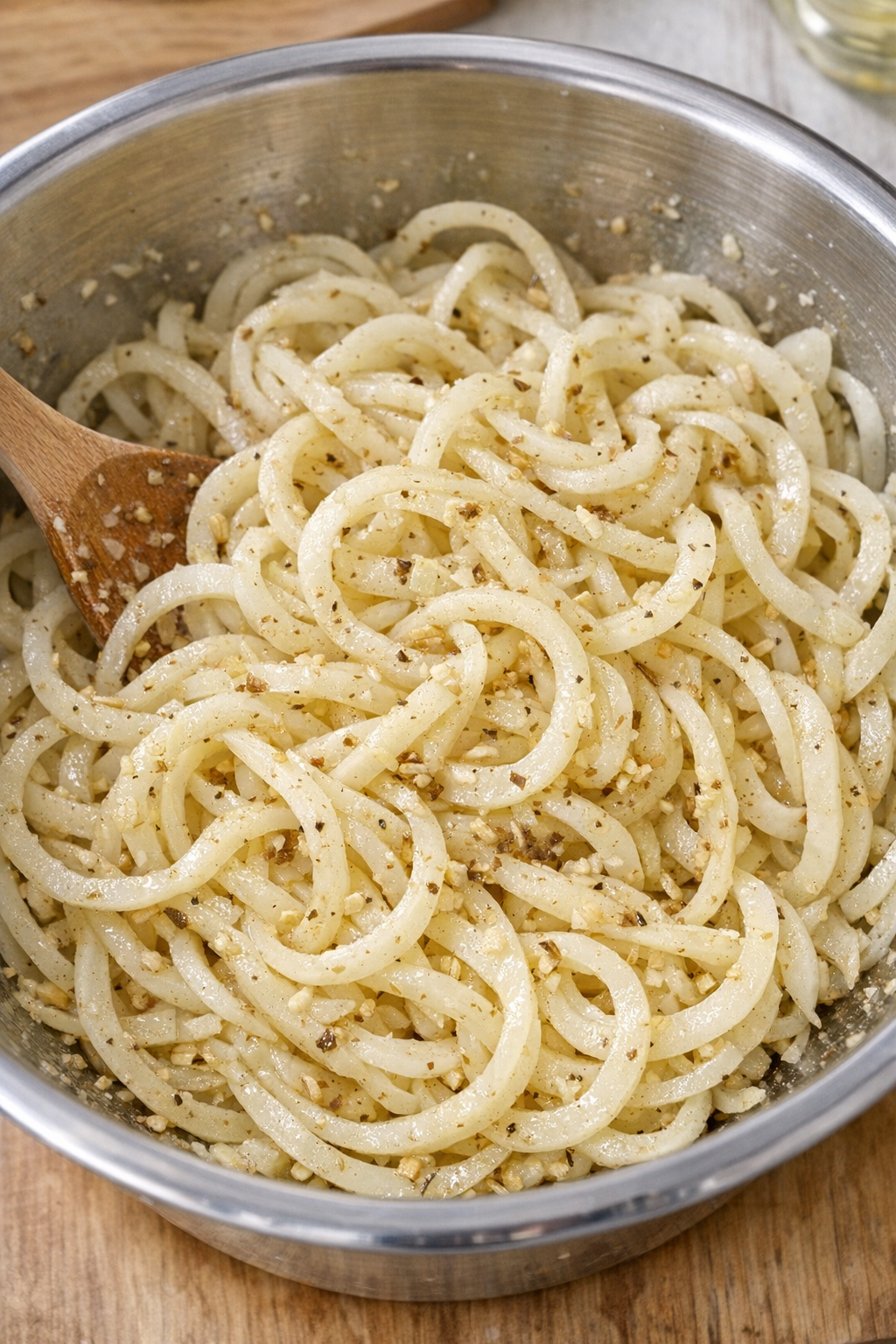 Spiralized potatoes tossed with butter and soup mix