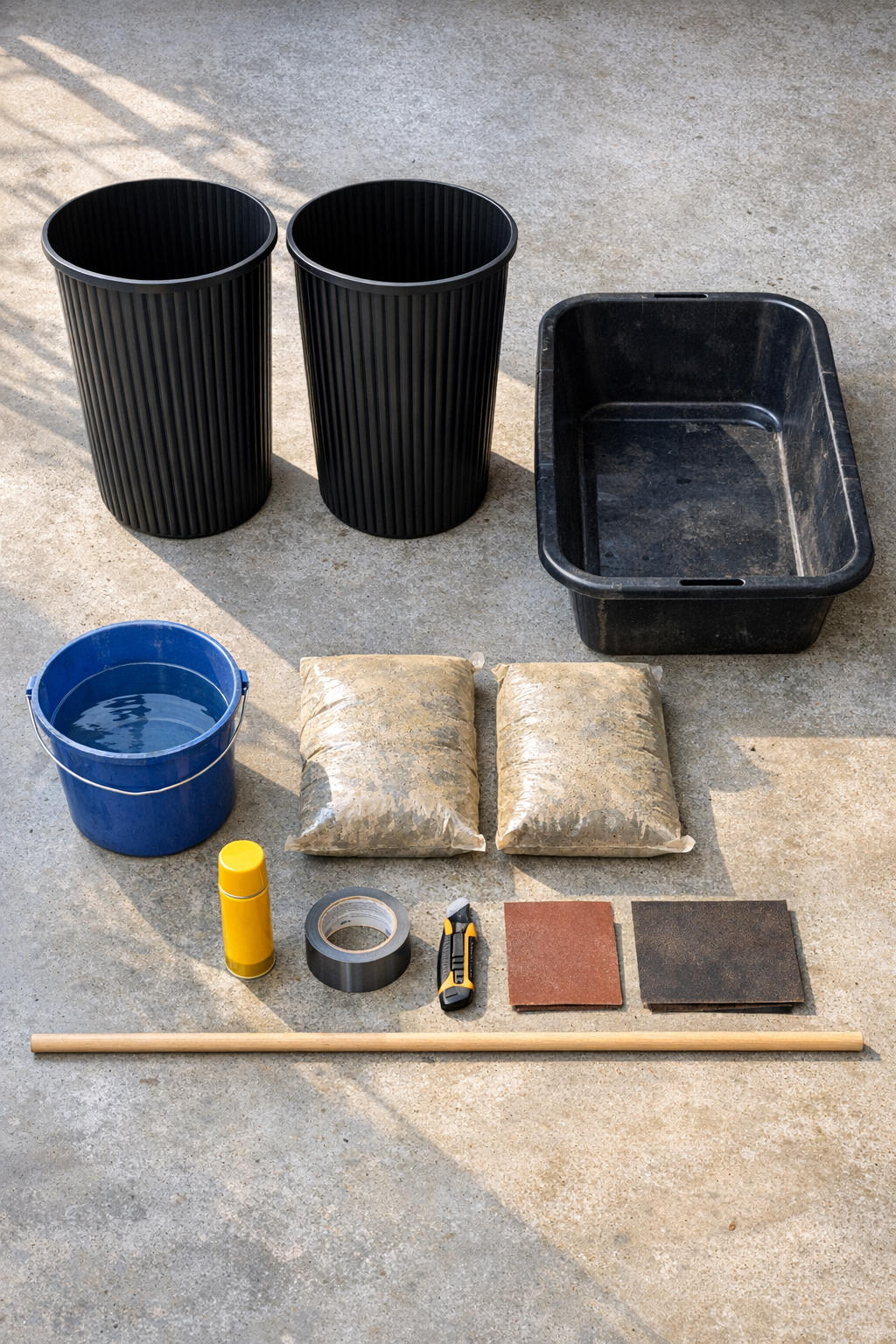 Materials for making concrete fluted garden pillars laid out together