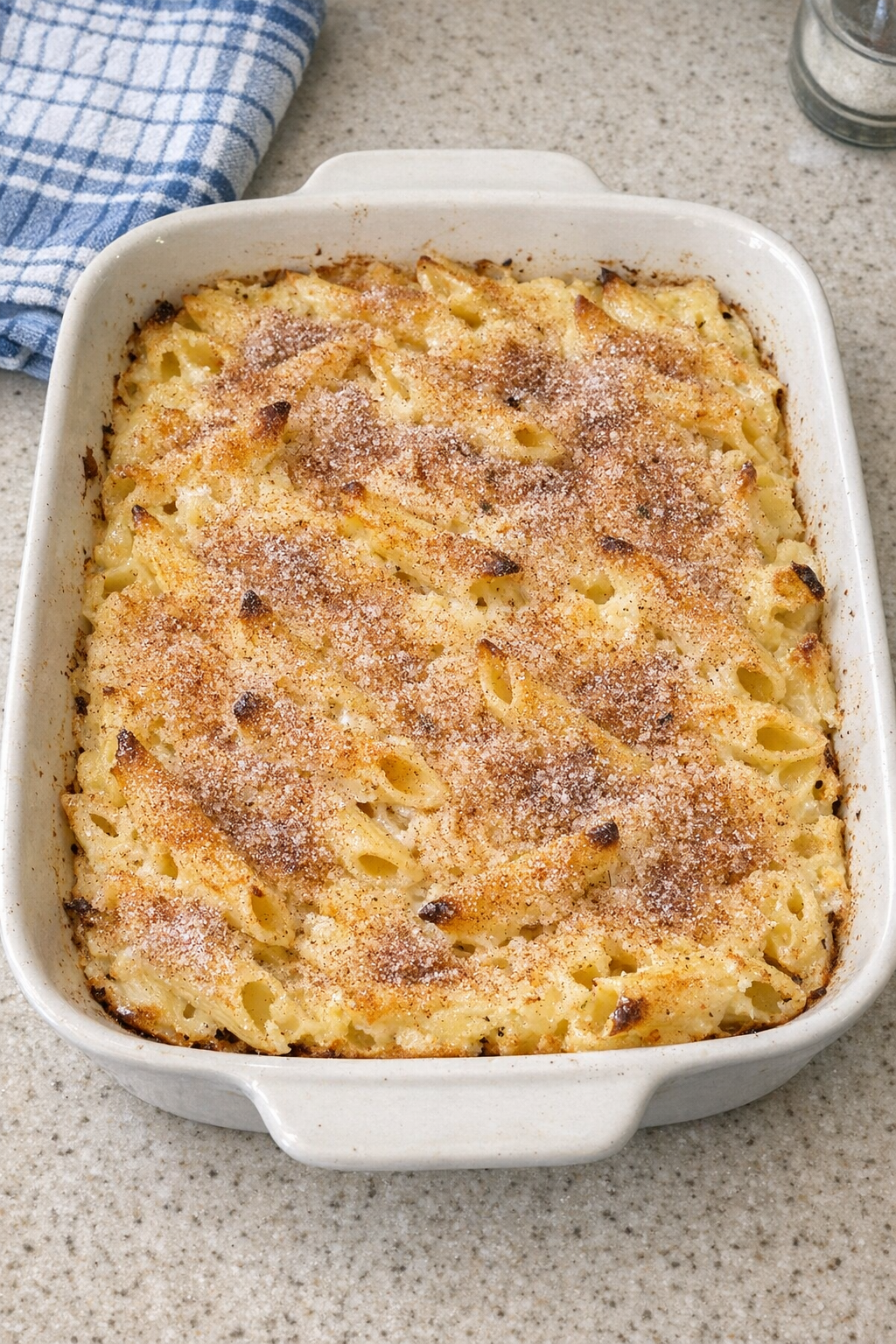 Finished baked sweet penne dessert in a casserole dish