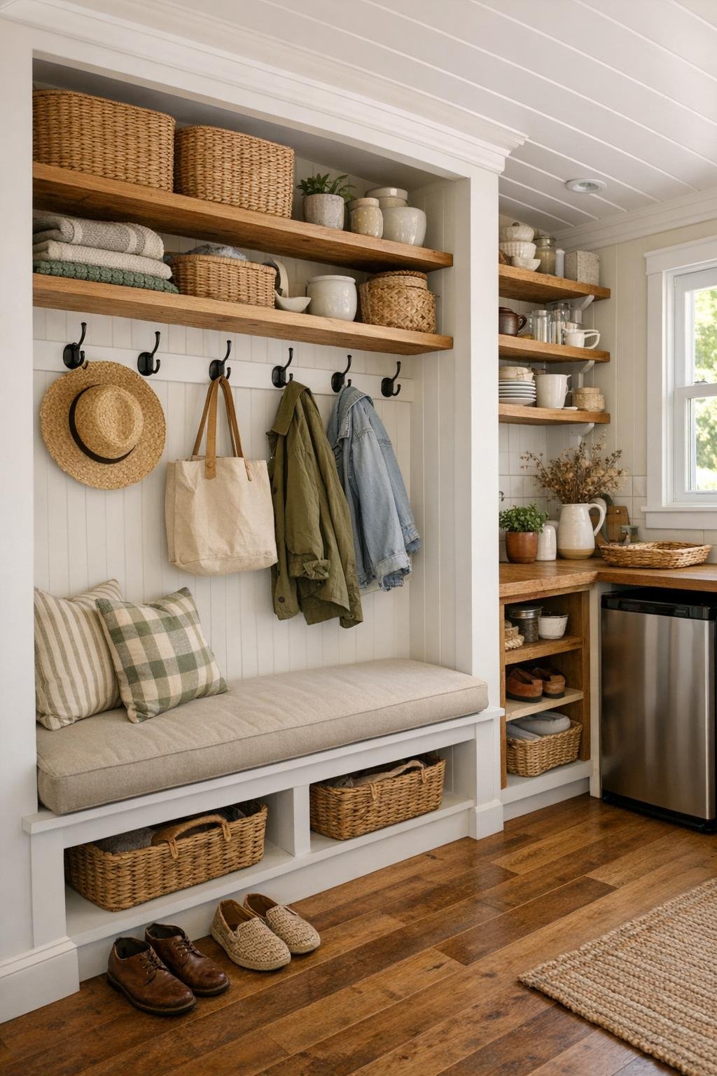 Thoughtful tiny home utility and transition area with built-in storage, bench seating, and cottage details