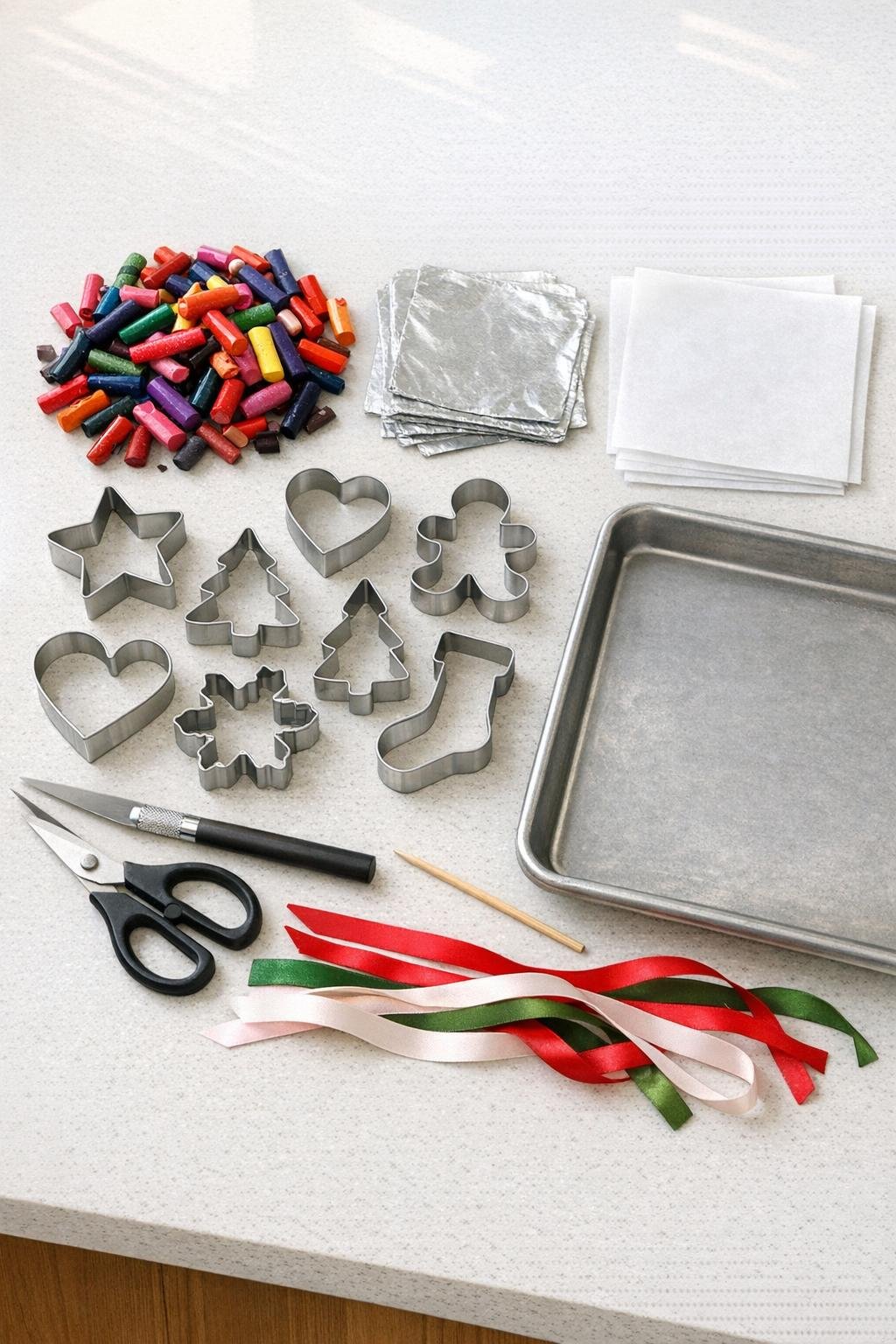 Materials for crayon cookie cutter ornaments laid out on a table