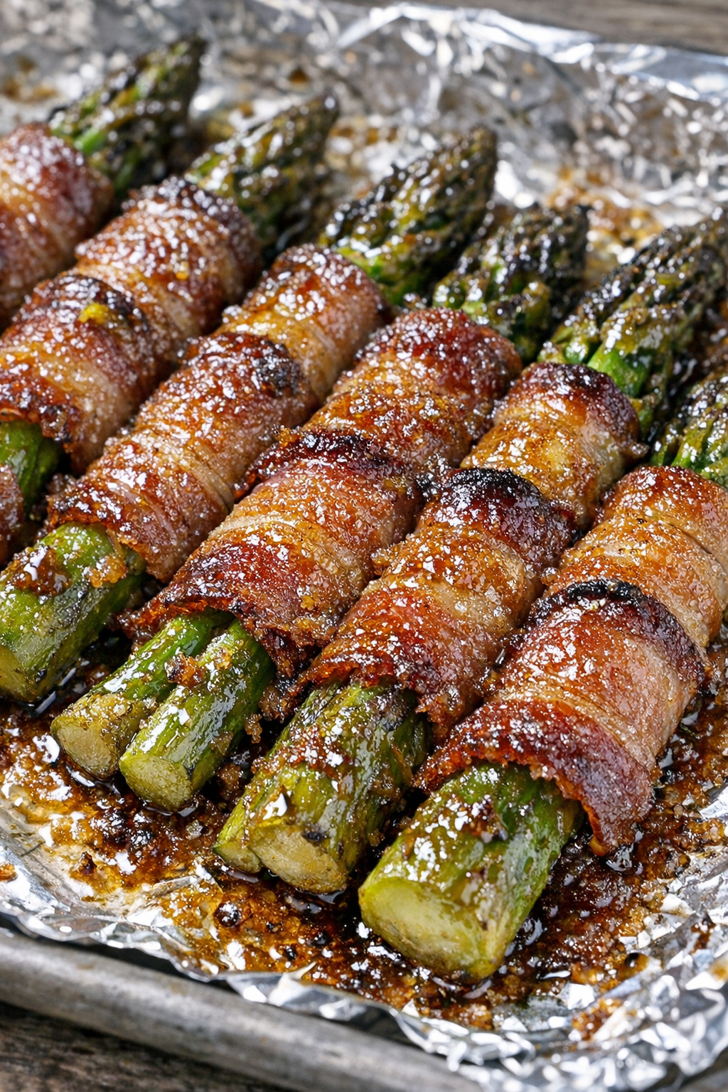 Close-up of finished bacon wrapped asparagus