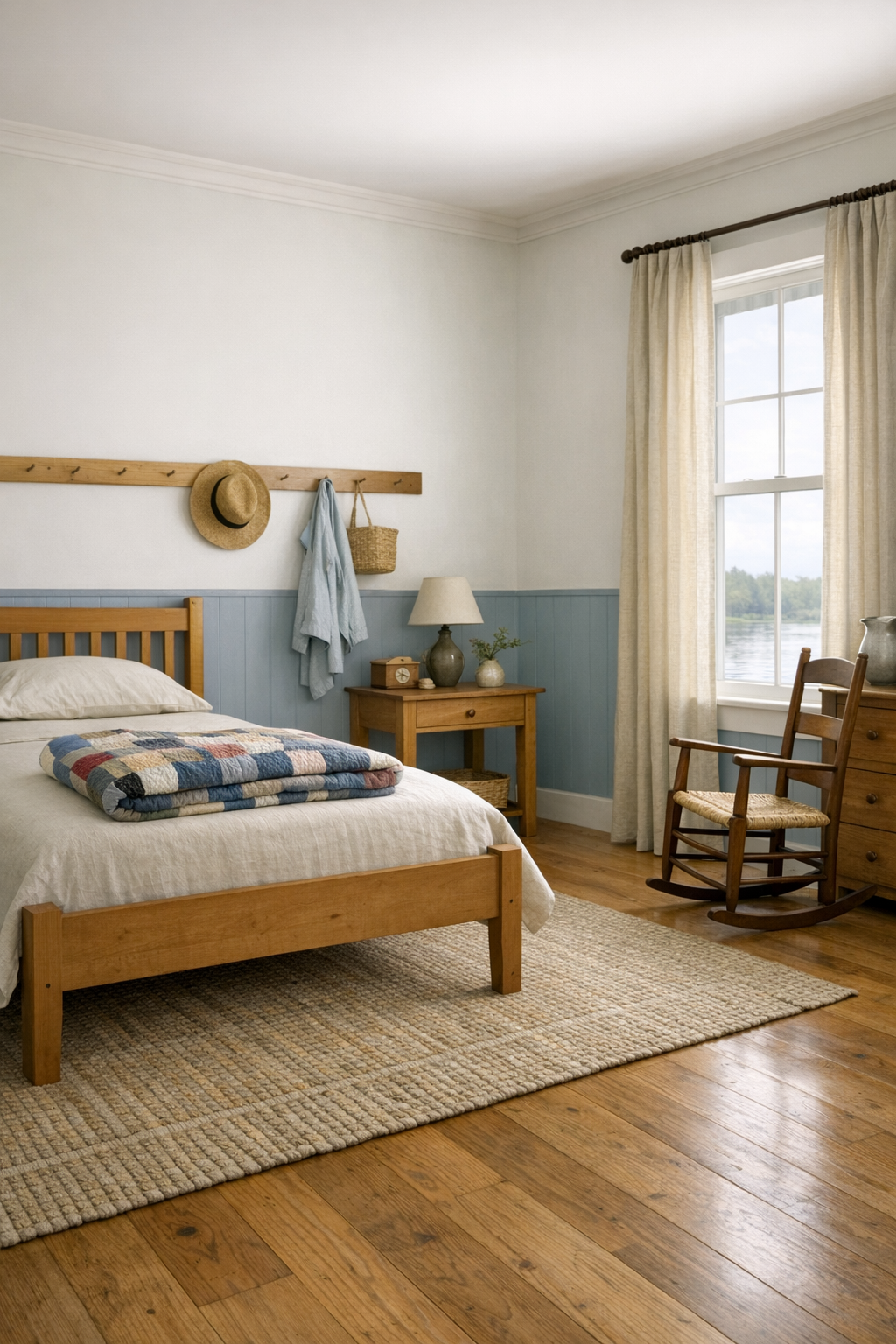 Calm Shaker style bedroom with maple bed, quilt, and soft blue and white palette