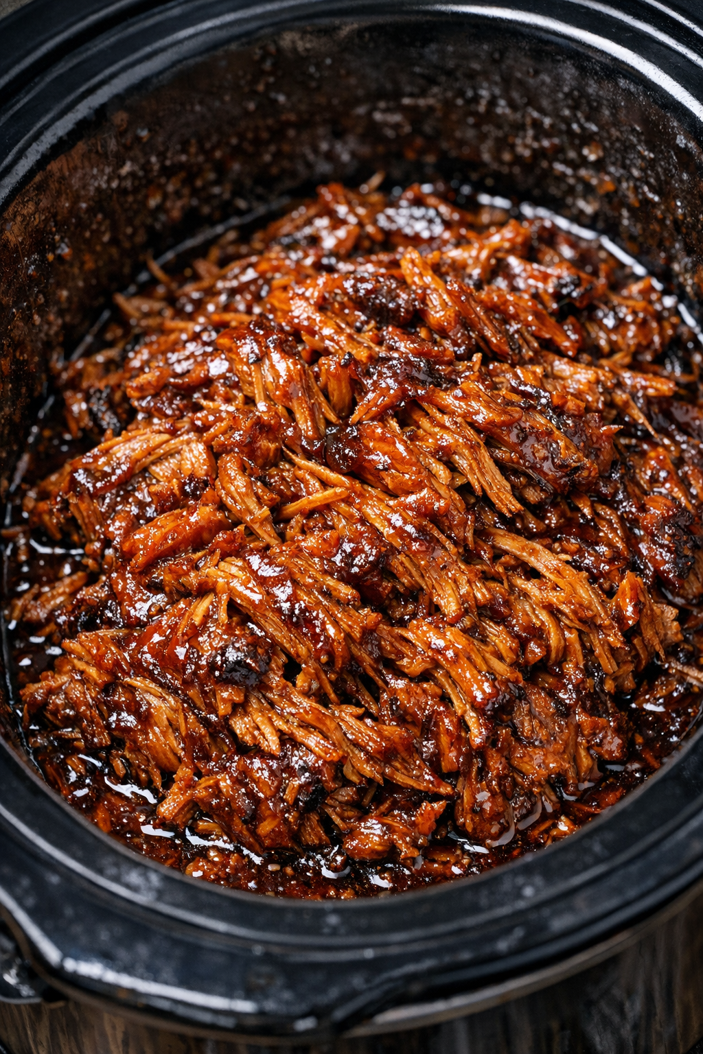 Pulled protein in dark amber sauce in a slow cooker