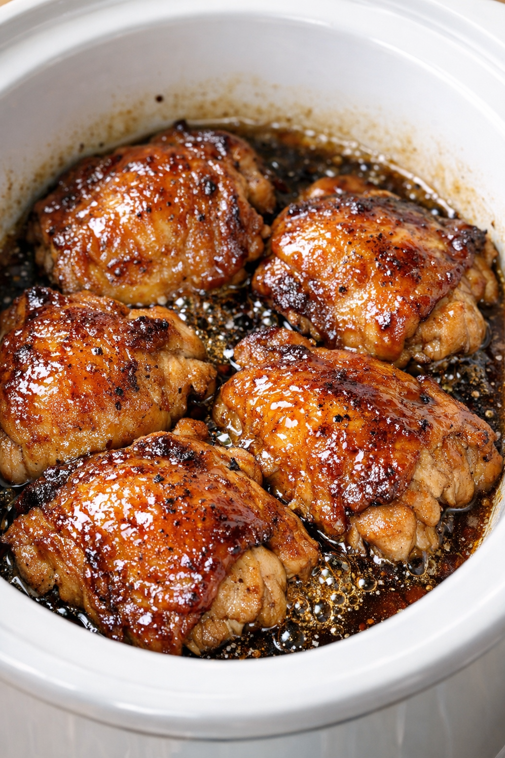 Cooked maple chicken in the slow cooker