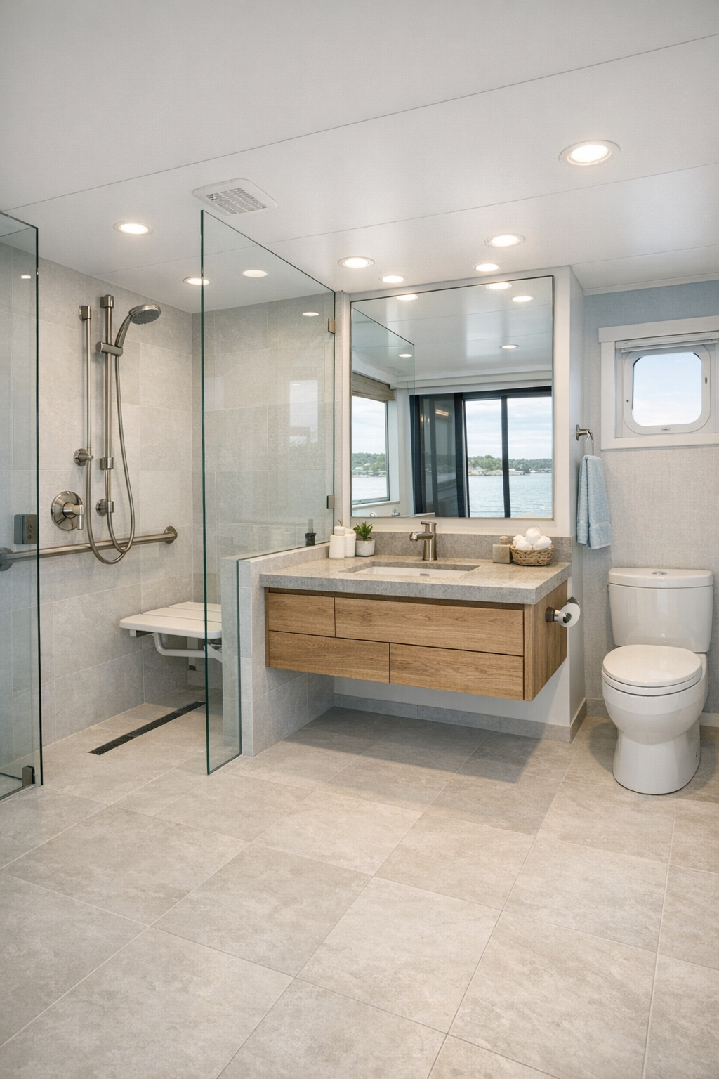 Curbless bathroom with pale tile, floating vanity, and frameless shower
