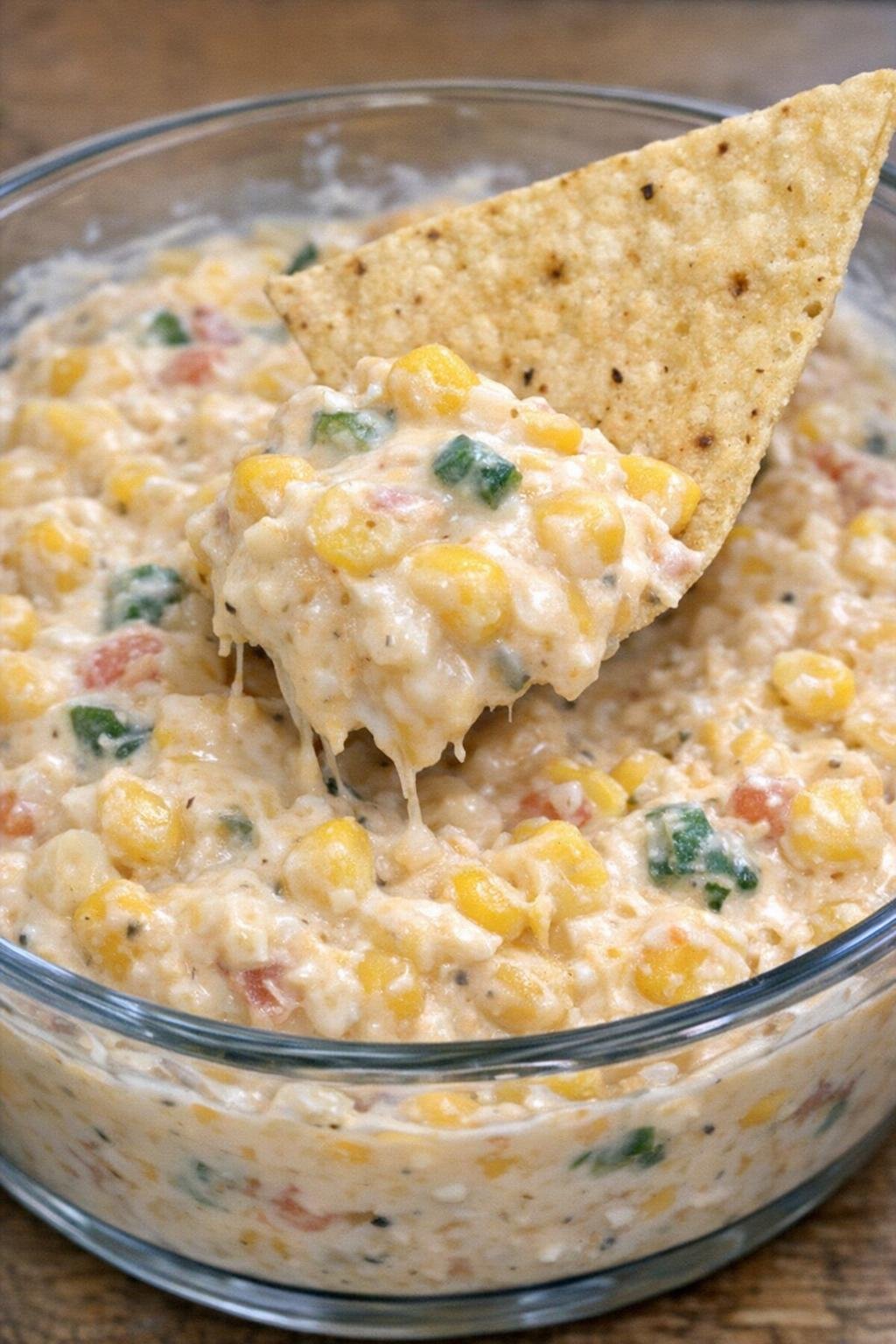 Corn Stanton dip in a glass bowl with a tortilla chip scooping a creamy bite