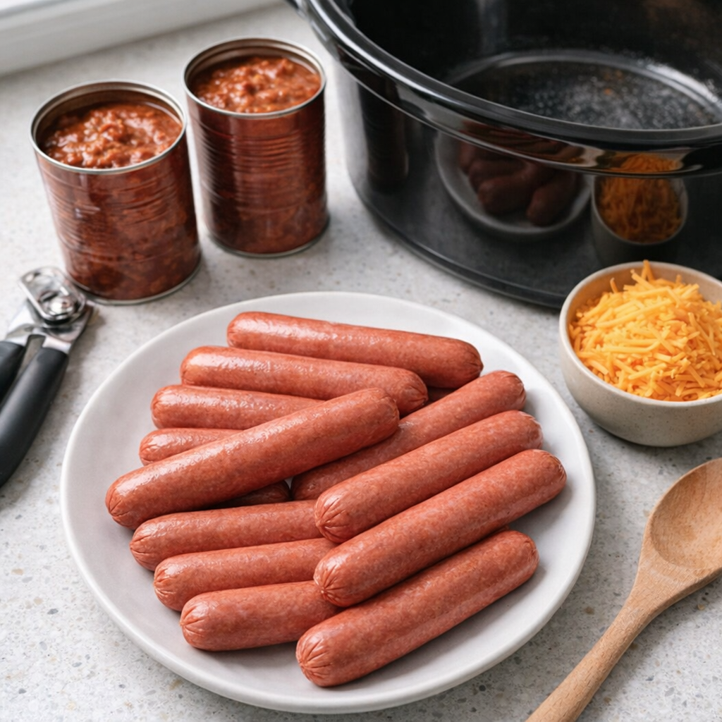 Ingredients for chili cheese dogs arranged beside a slow cooker